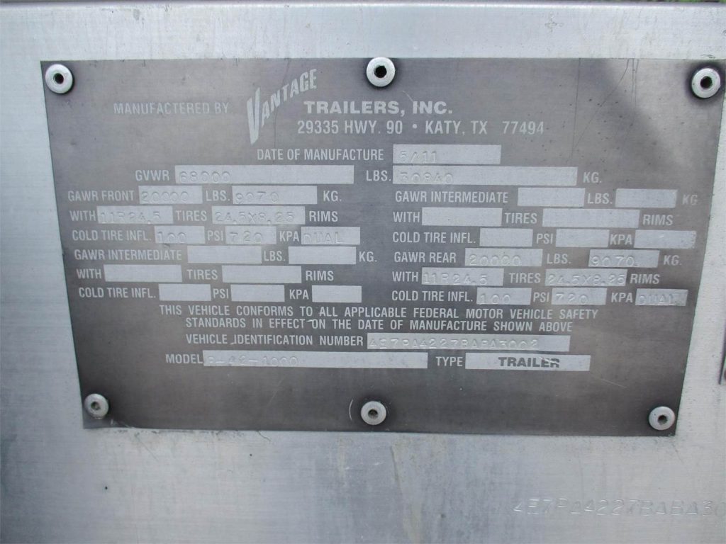 2011 Vantage ALUMINUM 1000 CUBIC FT PNEUMATIC TANKER