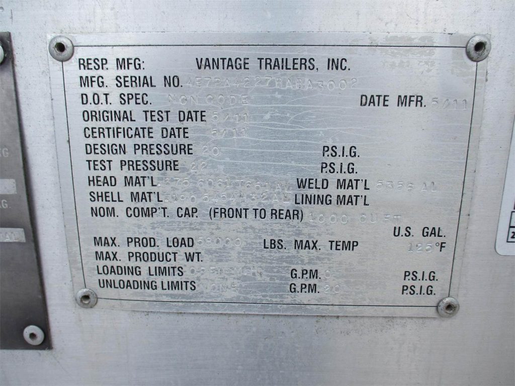 2011 Vantage ALUMINUM 1000 CUBIC FT PNEUMATIC TANKER