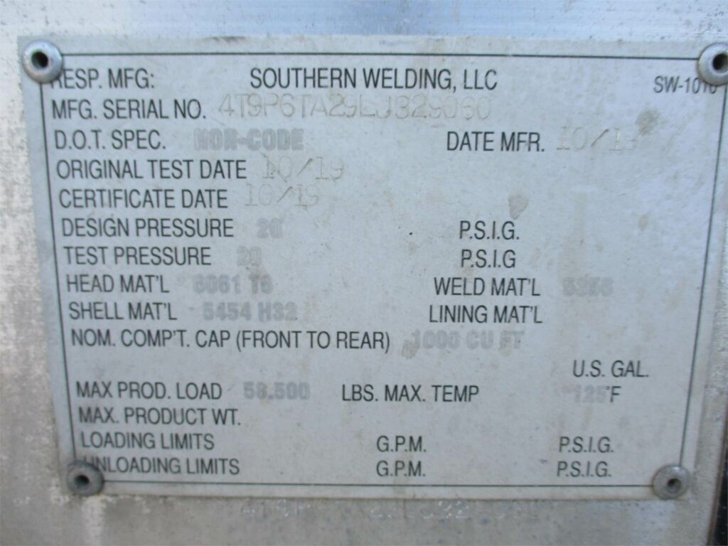 2020 Southern Welding ALUMINUM 1000 CUBIC FT PNEUMATIC TANKER