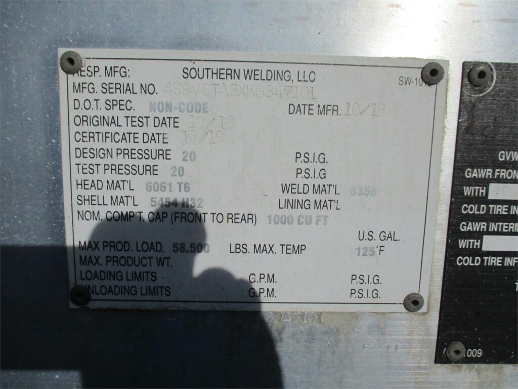 2019 Southern Welding ALUMINUM 1000 CUBIC FT PNEUMATIC TANKER