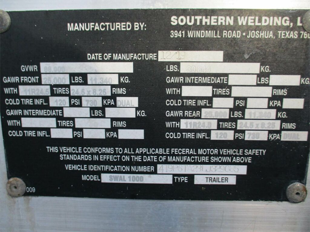 2020 Southern Welding ALUMINUM 1000 CUBIC FT PNEUMATIC TANKER