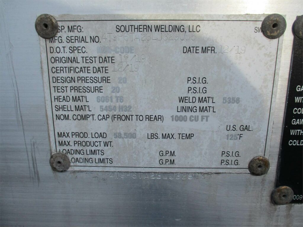 2020 Southern Welding ALUMINUM 1000 CUBIC FT PNEUMATIC TANKER