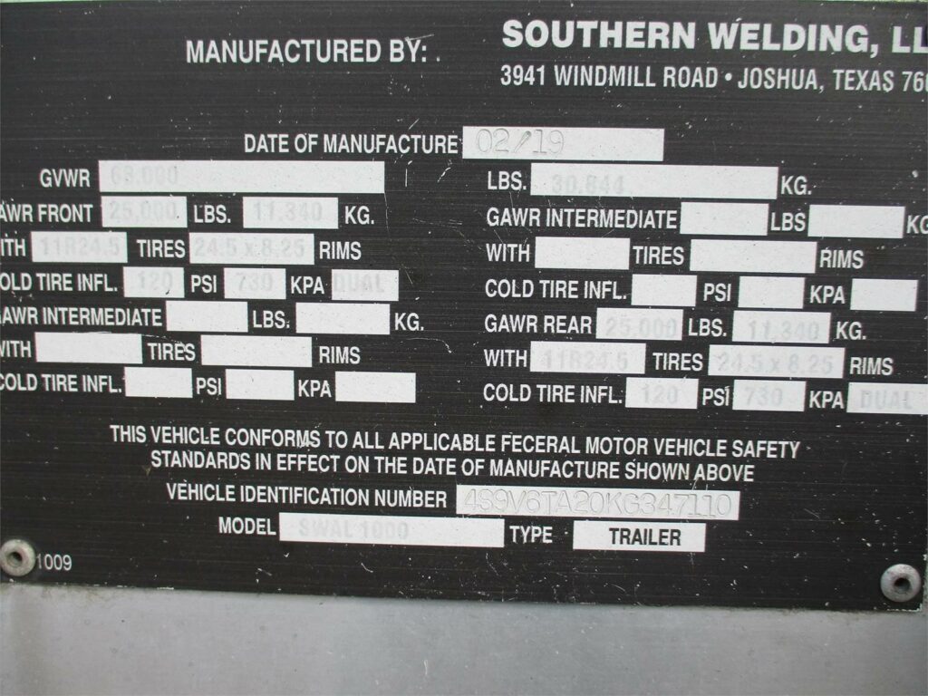 2019 Southern Welding ALUMINUM 1000 CUBIC FT PNEUMATIC TANKER