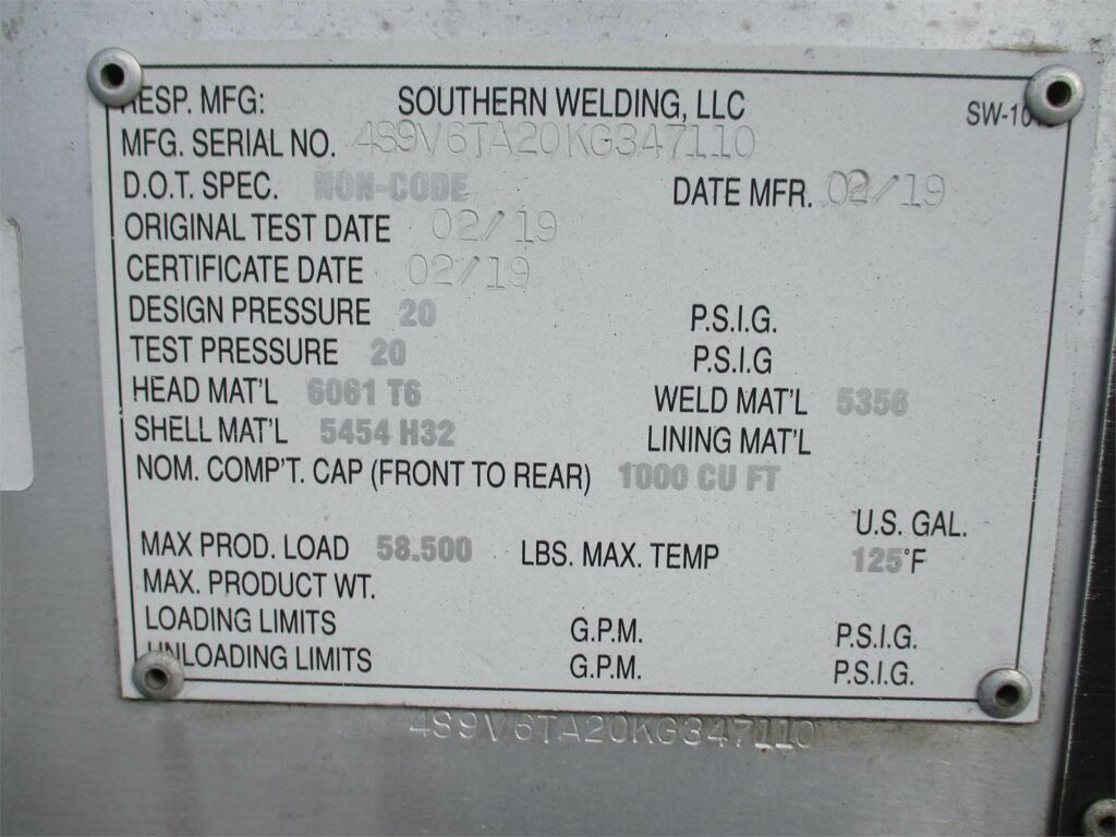 2019 Southern Welding ALUMINUM 1000 CUBIC FT PNEUMATIC TANKER