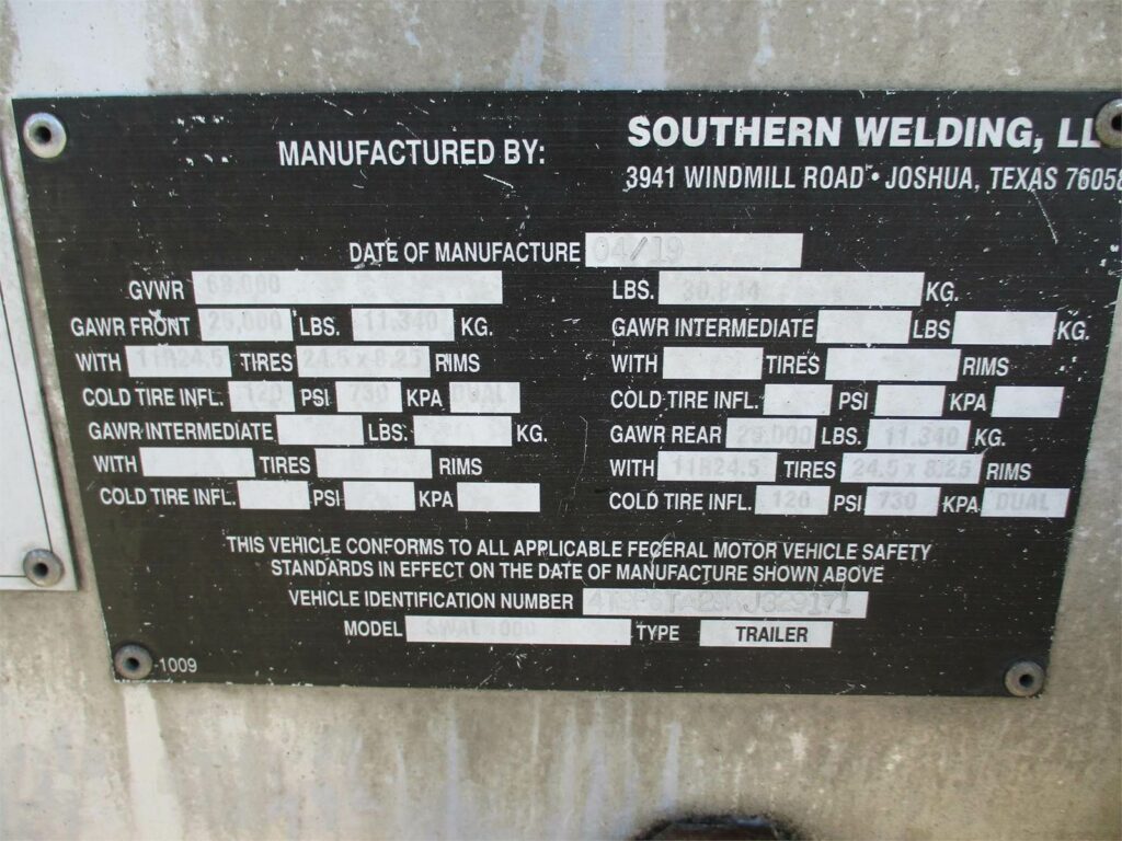 2019 Southern Welding ALUMINUM 1000 CUBIC FT PNEUMATIC TANKER