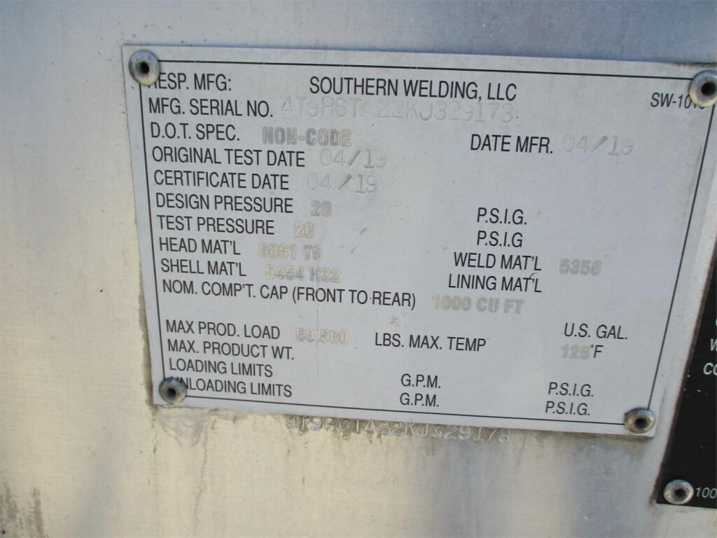 2019 Southern Welding ALUMINUM 1000 CUBIC FT PNEUMATIC TANKER