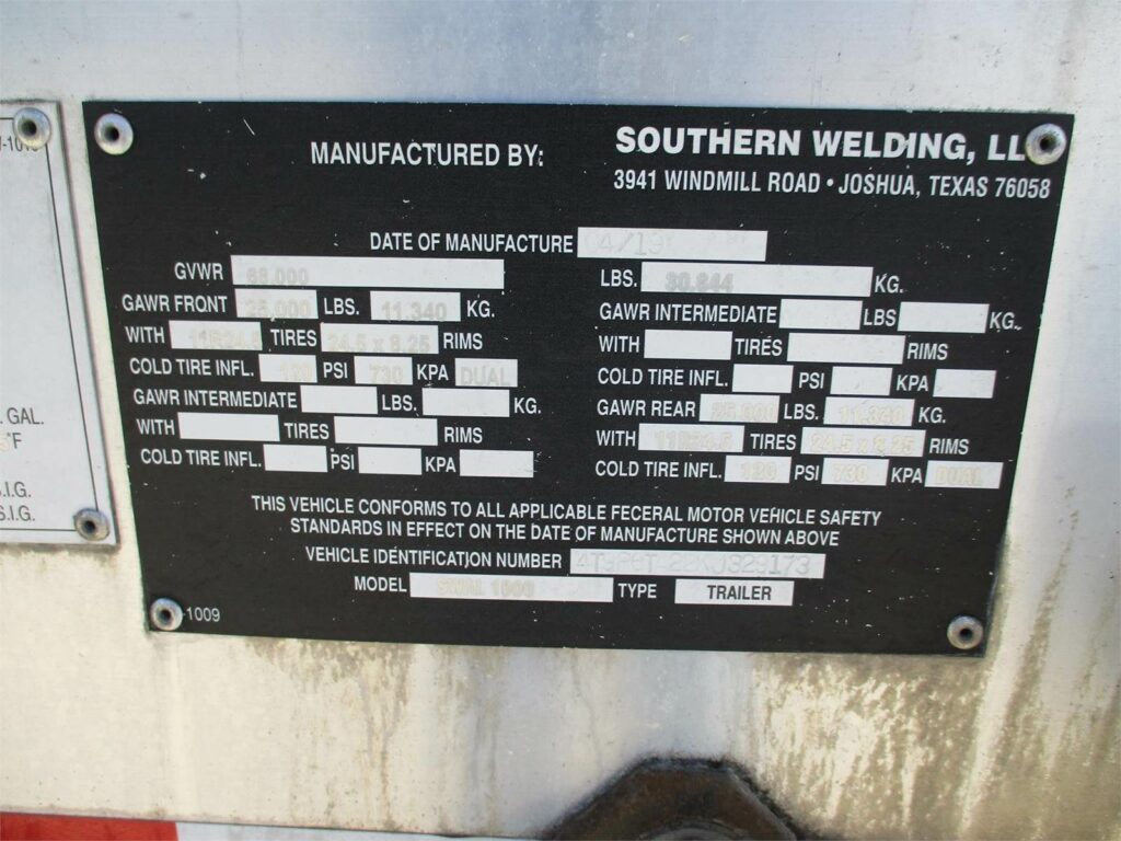 2019 Southern Welding ALUMINUM 1000 CUBIC FT PNEUMATIC TANKER