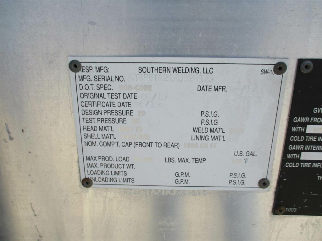 2019 Southern Welding ALUMINUM 1000 CUBIC FT PNEUMATIC TANKER