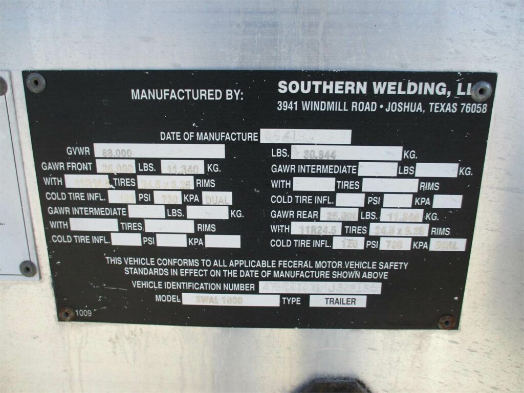 2019 Southern Welding ALUMINUM 1000 CUBIC FT PNEUMATIC TANKER