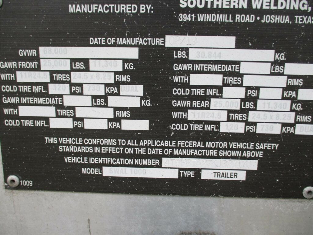 2019 Southern Welding ALUMINUM 1000 CUBIC FT PNEUMATIC TANKER