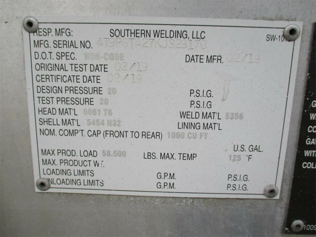 2019 Southern Welding ALUMINUM 1000 CUBIC FT PNEUMATIC TANKER