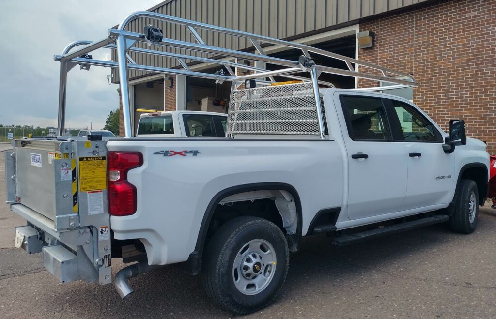 Ryder Rack – Custom Heavy-Duty Aluminum Overhead Material Handling Ladder Rack / Pipe Rack for Pickup Truck or Service Body