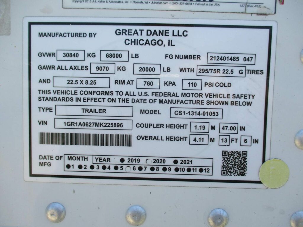 2021 Great Dane 53 FT AIR RIDE SWING DOOR TIRE INFLATION